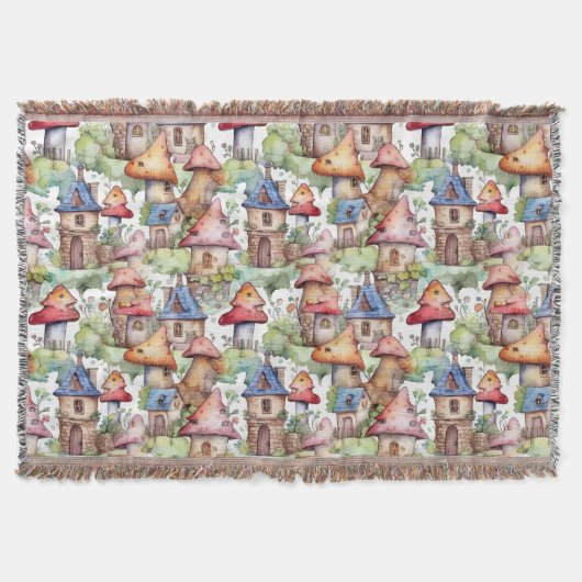 Whimsical Mushroom Cottage Pattern (1) スローブランケット (正面)