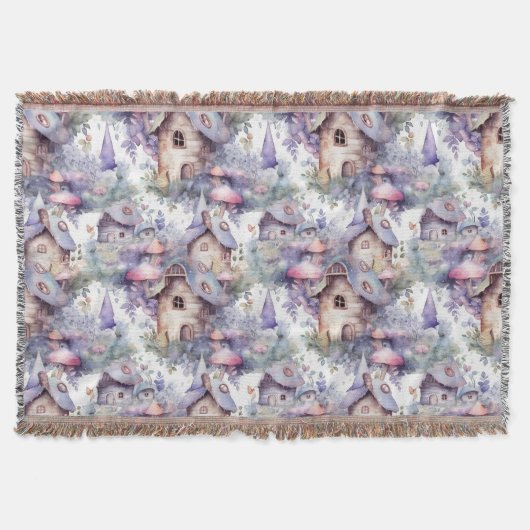 Whimsical Mushroom Cottage Pattern (5) スローブランケット (正面)