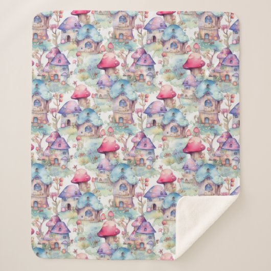 Whimsical Mushroom Cottage Pattern (6) シェルパブランケット (正面)