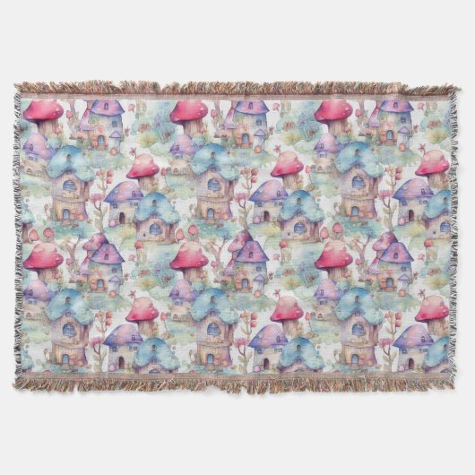 Whimsical Mushroom Cottage Pattern (6) スローブランケット (正面)