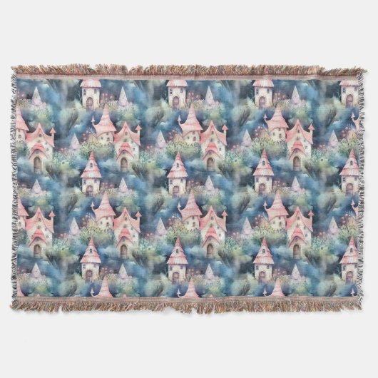 Whimsical Mushroom Cottage Pattern (8) スローブランケット (正面)