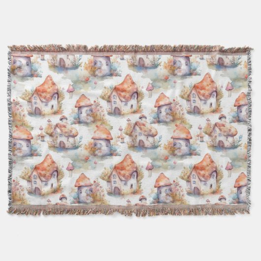 Whimsical Mushroom Cottage Pattern (9) スローブランケット (正面)