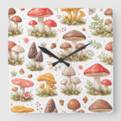 Whimsical Mushroom Pattern – Vintage Botanical スクエア壁時計 (正面)