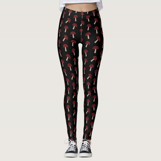 Whimsical Mushrooms Red And Black Pattern レギンス (正面)