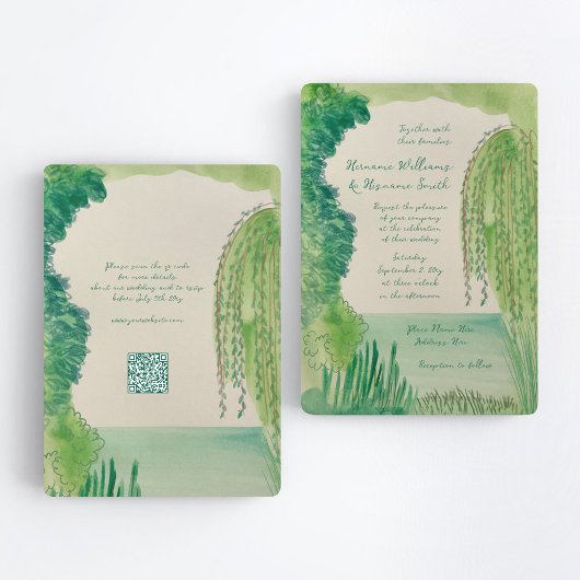 Whimsical Nature Hand Painted QR RSVP Wedding 招待状