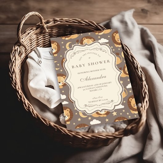 Whimsical Neutral Safari Lion Baby Shower 招待状