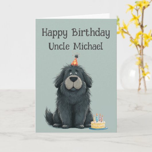 Whimsical Newfoundland Dog Birthday Card カード (黄色い花)