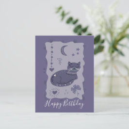 Whimsical Night Cat Folk Art Birthday Postcard ポストカード