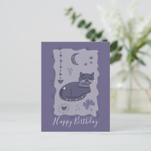 Whimsical Night Cat Folk Art Birthday Postcard ポストカード (スタンド正面)