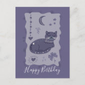 Whimsical Night Cat Folk Art Birthday Postcard ポストカード (正面)