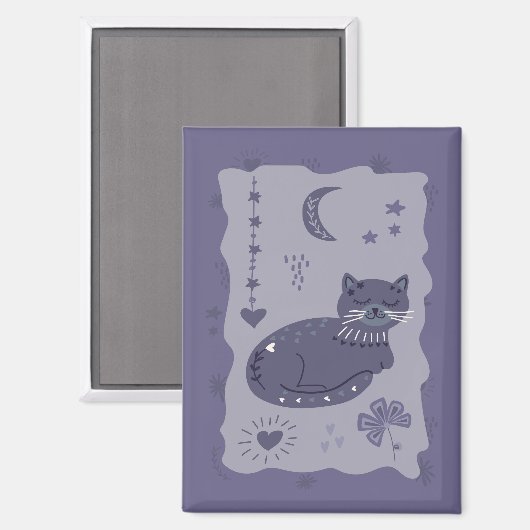 Whimsical Night Cat Folk Art Magnet マグネット (正面/裏面)
