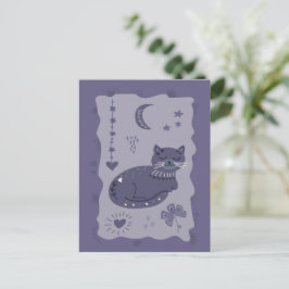 Whimsical Night Cat Folk Art Postcard ポストカード
