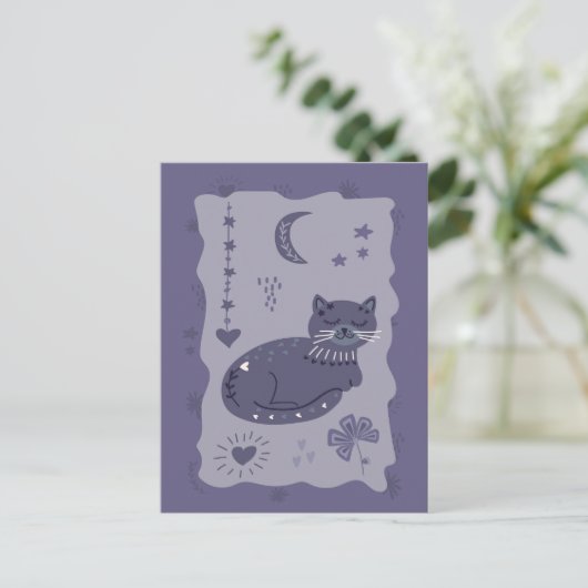 Whimsical Night Cat Folk Art Postcard ポストカード (スタンド正面)