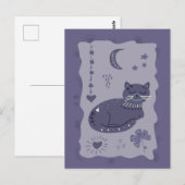 Whimsical Night Cat Folk Art Postcard ポストカード (正面/裏面)