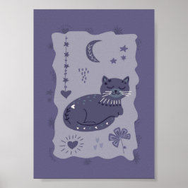 Whimsical Night Cat Folk Art Poster ポスター