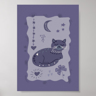 Whimsical Night Cat Folk Art Poster ポスター