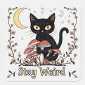 Whimsical noir cat framed by red mushrooms and pal スクエアシール (正面)