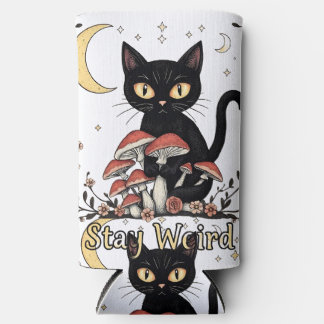 Whimsical noir cat framed by red mushrooms and pal スリム缶クーラー