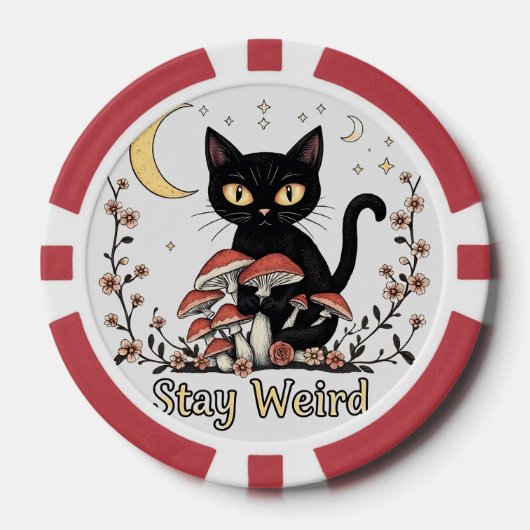 Whimsical noir cat framed by red mushrooms and pal ポーカーチップ (正面)