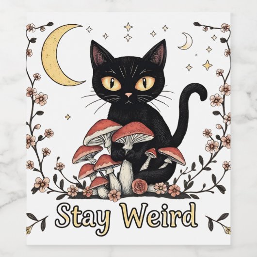 Whimsical noir cat framed by red mushrooms and pal ワインラベル (シングルラベル)