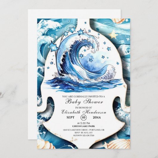 whimsical ocean waves baby shower 招待状 (正面/裏面)