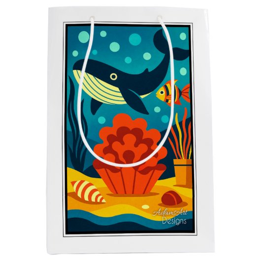 Whimsical Ocean Whale & Coral Reef ミディアムペーパーバッグ (正面)