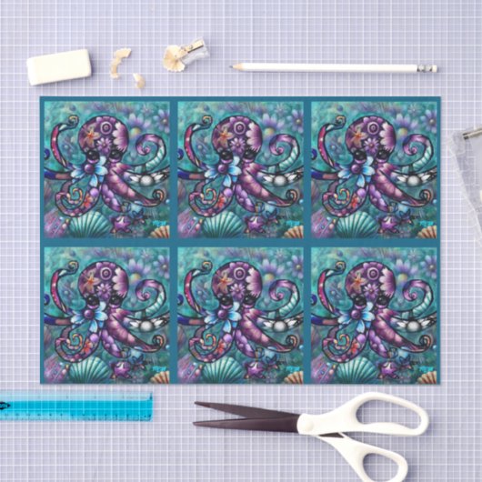Whimsical Octopus Floral Teal Coastal Decoupage 薄葉紙 (クラフト)