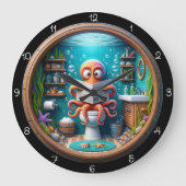 Whimsical Octopus on Toilet Clock Funny ラージ壁時計 (正面)