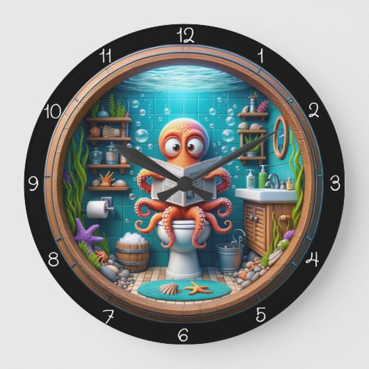 Whimsical Octopus on Toilet Clock Funny ラージ壁時計 (正面)
