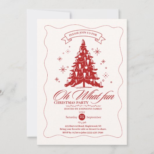 Whimsical Oh What Fun Christmas Tree Red Beige  招待状 (正面)
