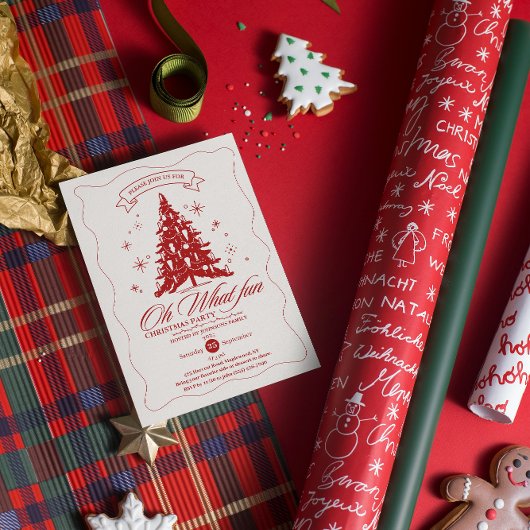 Whimsical Oh What Fun Christmas Tree Red Beige  招待状
