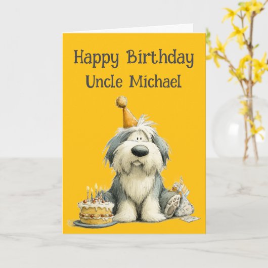 Whimsical Old English Sheepdog Birthday Card カード (黄色い花)