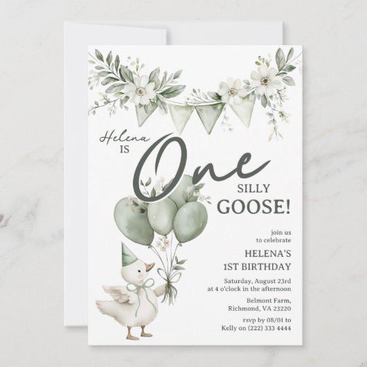 Whimsical One Silly Goose 1st Birthday 招待状 (正面)