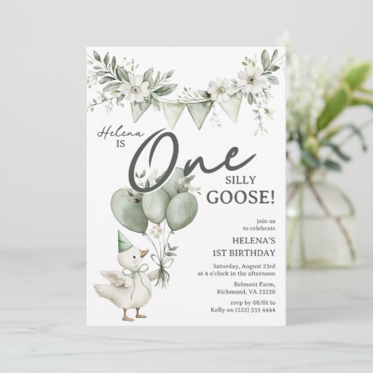 Whimsical One Silly Goose 1st Birthday 招待状 (スタンド正面)