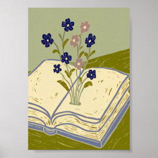 Whimsical Open Book with Wildflowers Illustration  ポスター