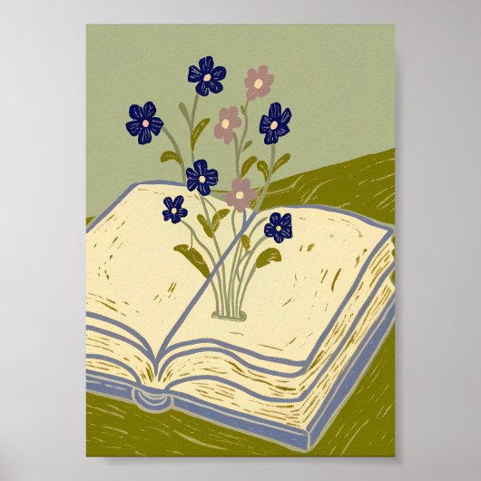 Whimsical Open Book with Wildflowers Illustration  ポスター (正面)