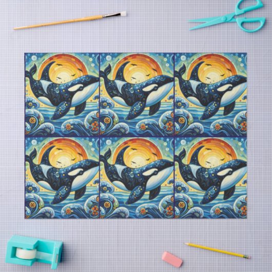 Whimsical Orca Whale Beach Coastal Decoupage  薄葉紙 (クラフト)