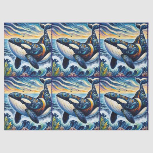 Whimsical Orca Whale Beach Coastal Decoupage  薄葉紙 (正面)