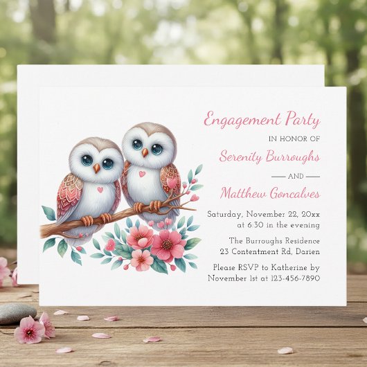 Whimsical Owl Couple Woodland Engagement Party 招待状