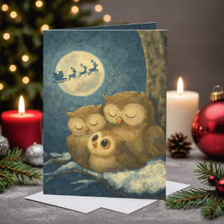 Whimsical Owl Family Christmas Cozy Winter Night シーズンカード