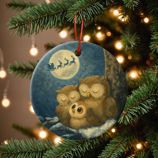 Whimsical Owl Family Christmas Eve Baby Owlet セラミックオーナメント