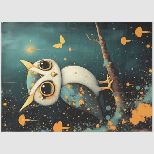 Whimsical Owl Fantasy Decoupage Paper in Teal  薄葉紙 (正面)