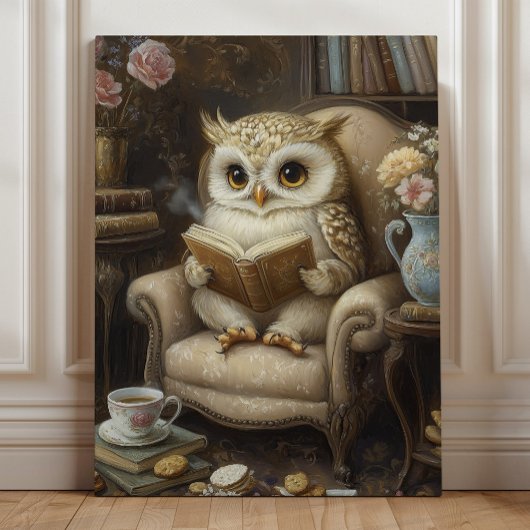 Whimsical Owl Reading Book Lover Art キャンバスプリント