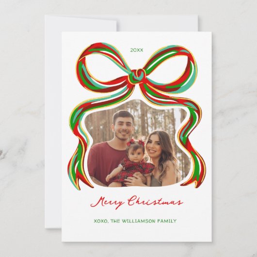 Whimsical Painted Bow Christmas Photo Card 招待状 (正面)