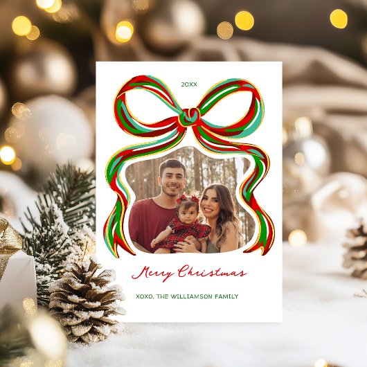 Whimsical Painted Bow Christmas Photo Card 招待状