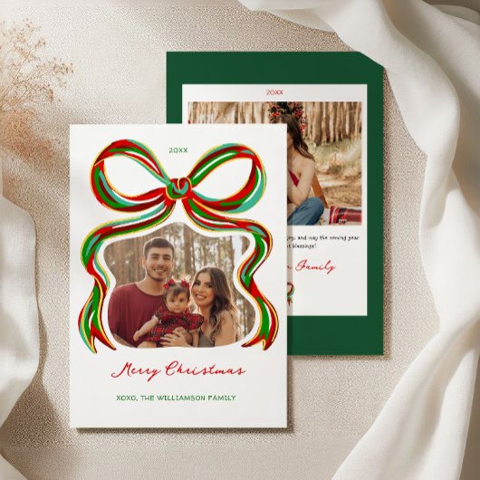 Whimsical Painted Bow Christmas Photo Card 招待状