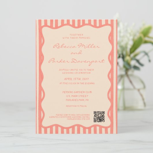 Whimsical Painted Pinstripes Wedding QR Code 招待状 (スタンド正面)