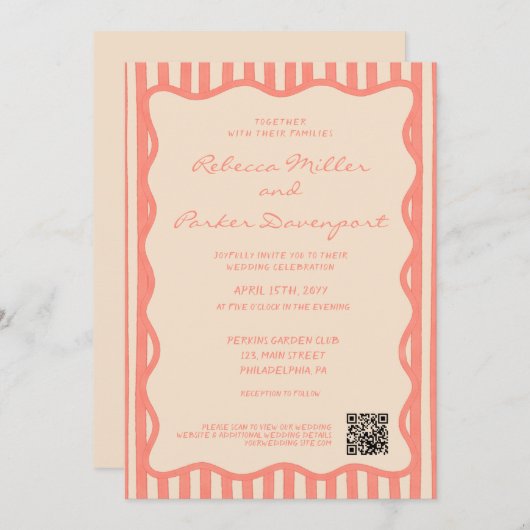 Whimsical Painted Pinstripes Wedding QR Code 招待状 (正面/裏面)