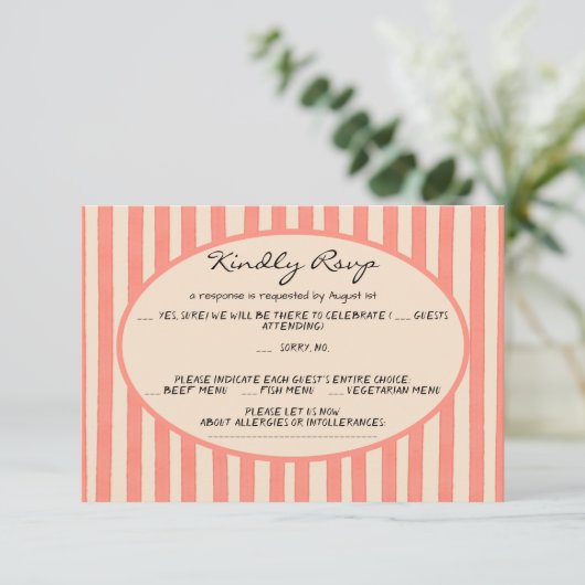 Whimsical Painted Pinstripes Wedding RSVP Card 招待状 (スタンド正面)