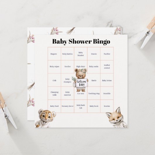 Whimsical Pajama Animals: Baby Shower Bingo カード (正面/裏面インサイチュ)